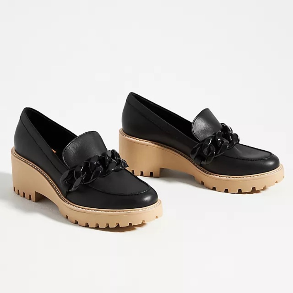 Dolce Vita Haris Platform Loafers Black Leather Tan Lug Sole Size 6